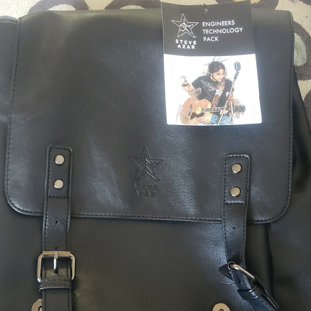 Black Leather Backpack with Adjustable Strap and Flap Closure